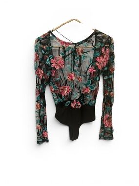 Millau Black Mesh Bodysuit with Pink Floral & Teal Leaf Embroidery Small 144